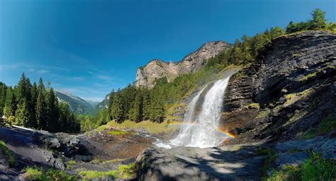 nature, Landscape, Waterfall, Rainbows, Forest, Mountains, Cliff, Summer, Alps, France ...