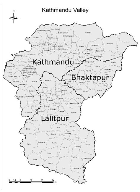 b: Map of Kathmandu valley; within the valley Kathmandu, Bhaktapur and ...