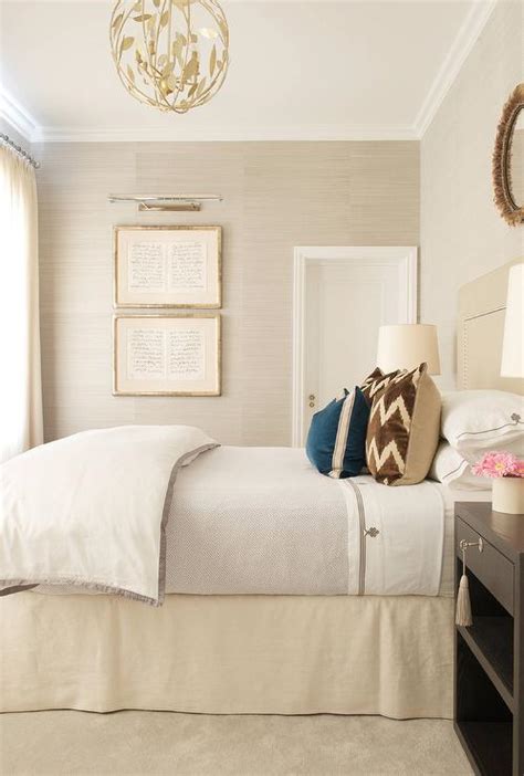 Cream and Brown Bedroom with Light Taupe Grasscloth - Transitional - Bedroom