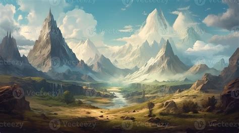 Mountain Fantasy Backdrop Concept Art Realistic Illustration Background ...