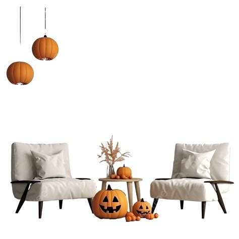 3d Render Halloween Party In Living Room With Pumpkins, Living Room ...