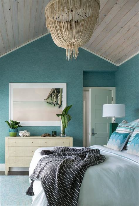 Blue Beach Bedroom With Cream Fringe Chandelier Transitional