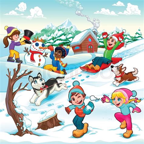 Funny winter scene with children and ... | Stock Vector | Colourbox