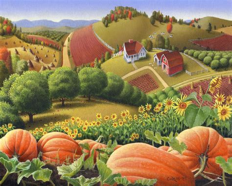 Farm Landscape - Autumn Rural Country Pumpkins Folk Art - Appalachian Americana - Fall Pumpkin ...