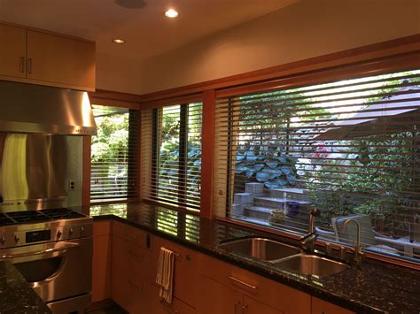 Newly installed wood blinds blended perfectly in the kitchen. | Blinds ...