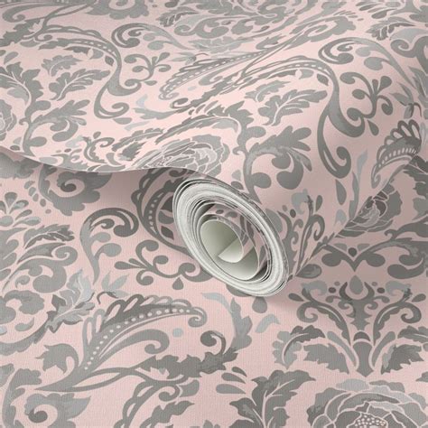 Victoria Damask in Charming Pink / Gray Wallpaper | Spoonflower