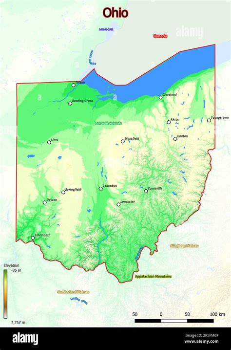 Physical map of Ohio shows landform features such as mountains, hills ...