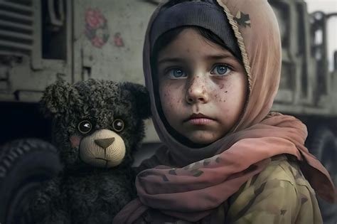 Premium AI Image | Little girl with a teddy bear during the war ...
