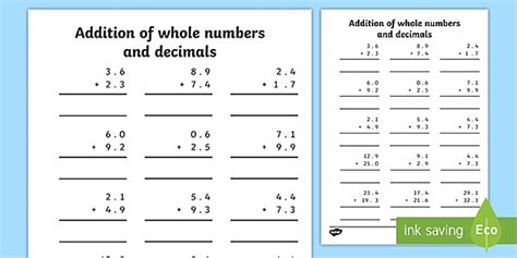 Addition Of Whole Numbers and Decimals to One Place Worksheet