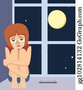 2 Lonely Girl Sits Crying At Night Vector Cartoon Clip Art | Royalty Free - GoGraph