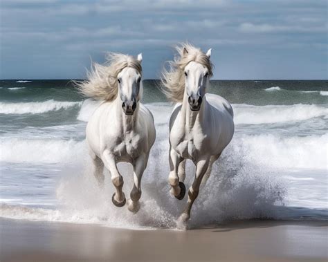 Premium AI Image | Two white horses running on the beach