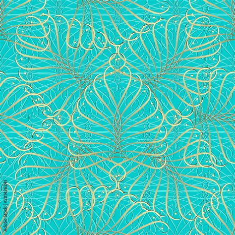 Vintage gold calligraphic 3d seamless pattern. Vector turquoise ...