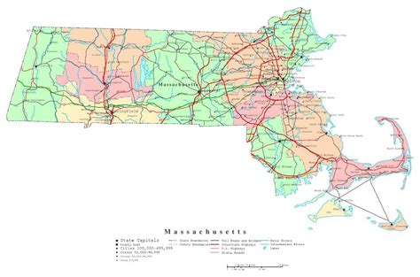 Large detailed administrative map of Massachusetts state with roads, highways and cities ...