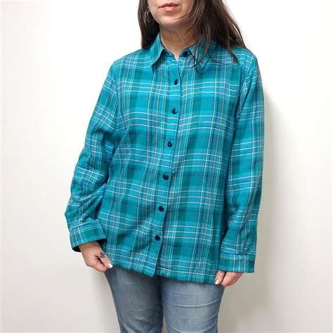 LL BEAN Womens L Fleece Lined Flannel Button Down Shirt Teal Blue Green ...