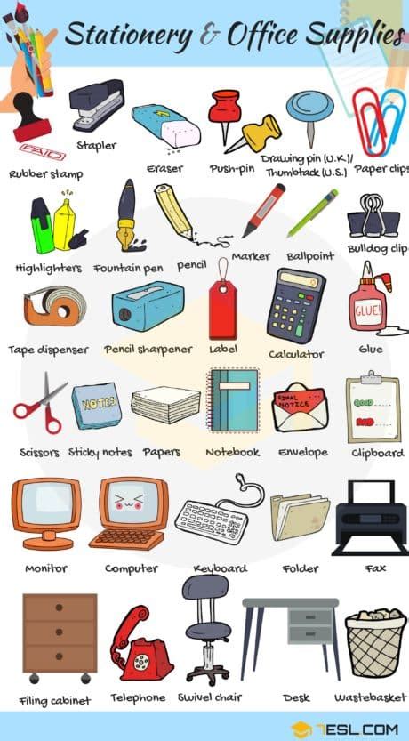 Office Supplies List in English • 7ESL