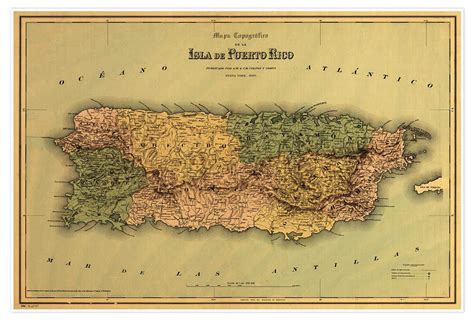 Buy Mapa topografico de la isla de Puerto Rico circa 1886 - measures 24 ...