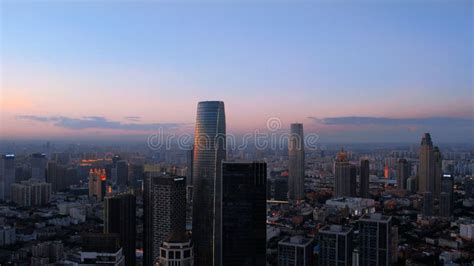 Aerial View of TianJin Skyline on Pinkish-blue Sunset Sky Background in ...