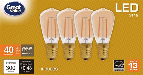 Great Value LED St12 4 Watts Amber Light Candelabra Base Bulbs, 4 Count - Walmart.com