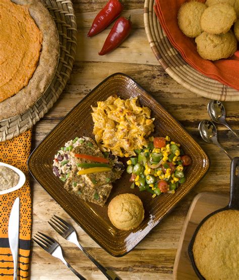 Sweet Potato Pie with Cashew-Ginger Creme (top left)/ Southern Cornbread (top right)/Mac 'n ...