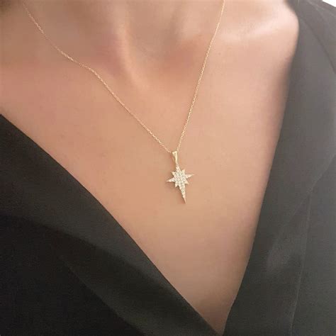 14K Real Solid Gold North Star Pendant Necklace with White Zirconia Stones for Women | Latika ...