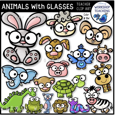 Animals With Glasses Clip Art Images Color Black White - Whimsy Workshop Teaching