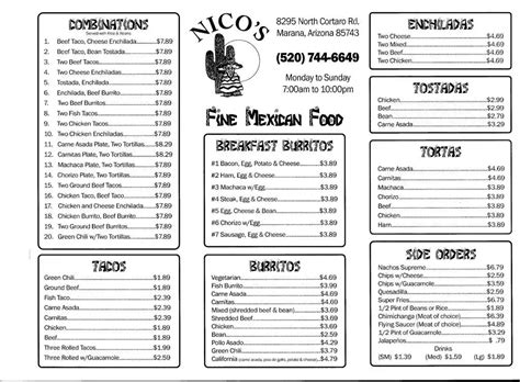 Nico's Taco Shop a Tucson: Foto del Menu con Prezzi - Urbanspoon/Zomato