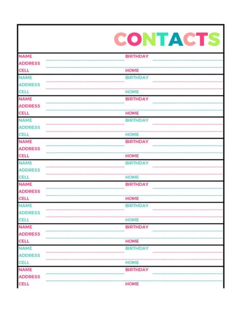 Bright Contacts Address Book Printable Page Letter Size PDF