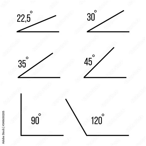 Angles. 30, 35, 45,90,120 degrees angles. Angles icons of white ...