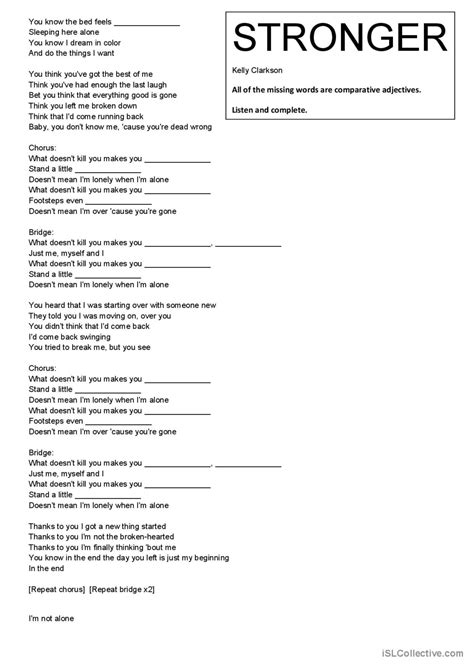 Stronger Kelly Clarkson song and nur…: English ESL worksheets pdf & doc