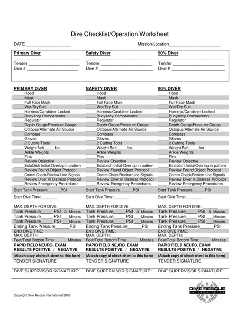 Fillable Online Dive Checklist/Operation Worksheet - Dive Rescue ...