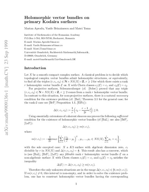 (PDF) Holomorphic vector bundles on primary Kodaira surfaces | Vasile ...