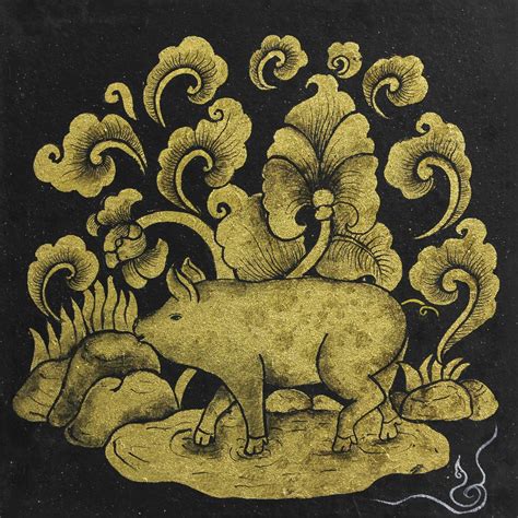 Black and Gold Mixed Media Zodiac Pig Painting from Thailand - Zodiac Pig | NOVICA