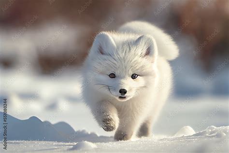 Baby Arctic fox (Vulpes Lagopus) in snow habitat, winter landscape ...