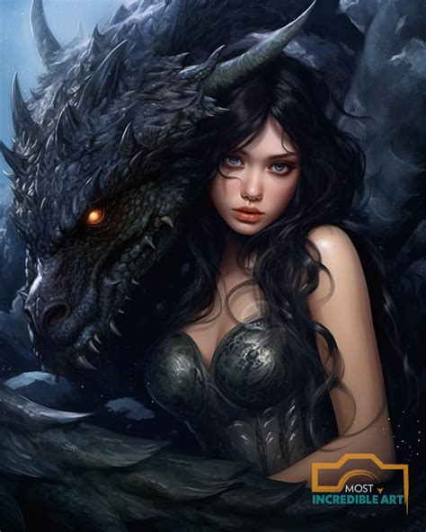 Enchanting Dark-Haired Maiden and Dragon Fantasy Art Prints – Captivat ...