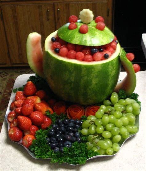 Teapot watermelon. Great way to accent a party table. Tea Party Food, Tea Party Baby Shower, Tea ...