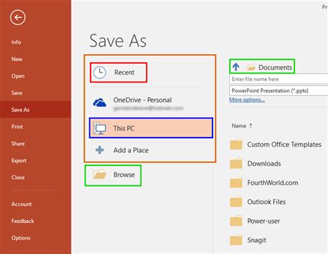 Save and Save As Options in Backstage View of PowerPoint 2016 for Windows