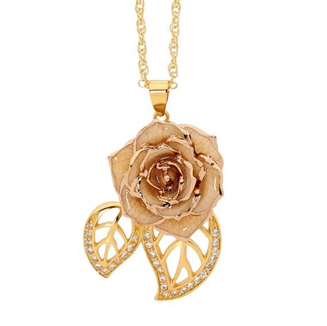 White Glazed Rose Pendant in Leaf Theme 24K Gold