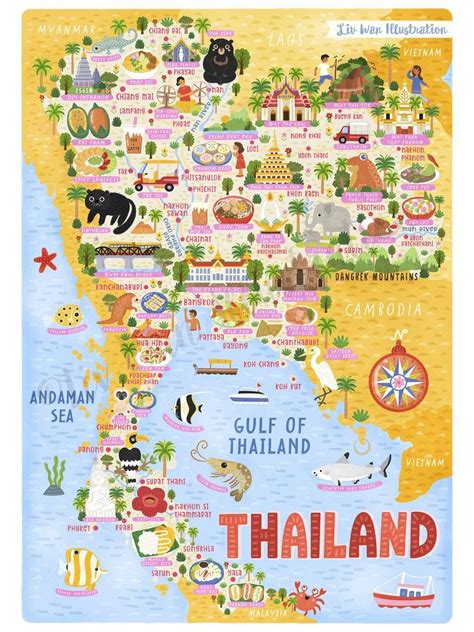 an illustrated map of thailand with all the major attractions and ...