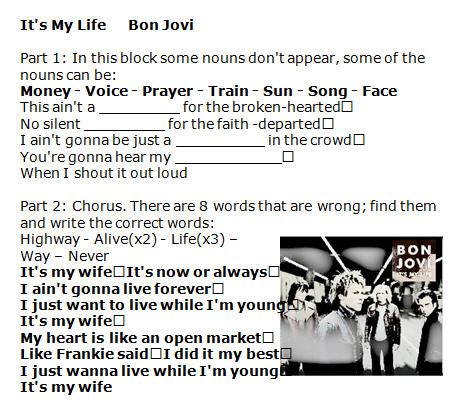 Song Worksheet: It's My Life by Bon Jovi