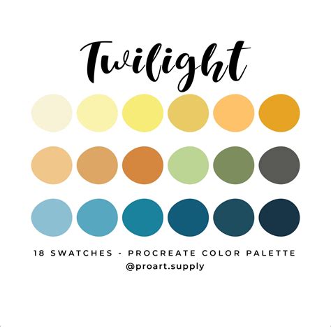 TWILIGHT PROCREATE Color Palette Hex Codes Yellow, Orange, Green, Blue for iPad Digital ...