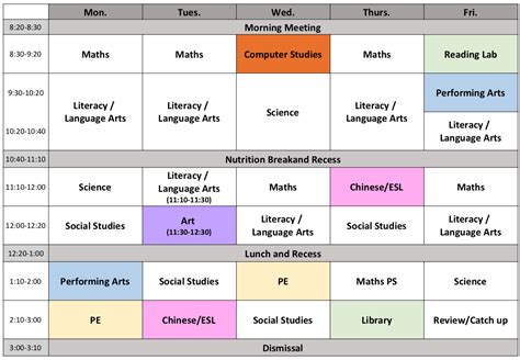 Grade 4 @ HIS 2019-20: Class Schedule