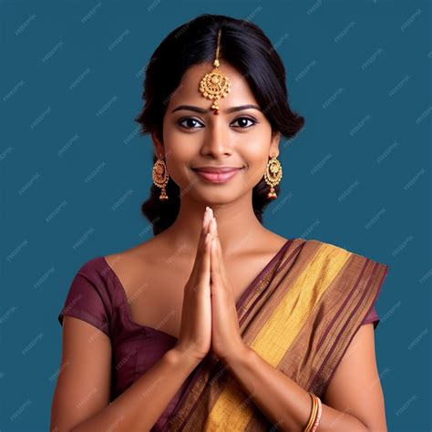 Premium AI Image | Sri Lankan Young Tamil Woman Greeting Ayubowan Namaste Hand Gesture