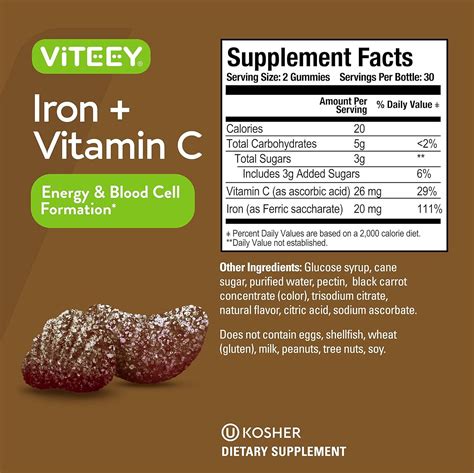 Iron Gummies 20mg + Vitamin C 26mg for Iron Deficiency and Anemia Supports Energy Blood Cell ...