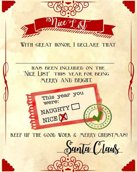 Santa "nice list" free printable certificate