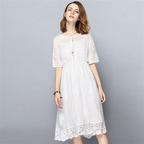 White Dress Women 95% Silk Fabric Embroidery Hollow Out Design O Neck ...