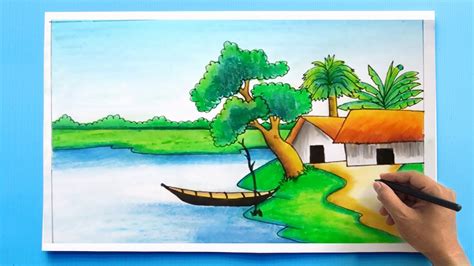 Simple Village Scenery Drawing Easy Landscape Drawing - vrogue.co