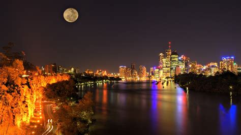 cityscape, Lights, Building, Moon, River, Australia, Brisbane Wallpapers HD / Desktop and Mobile ...