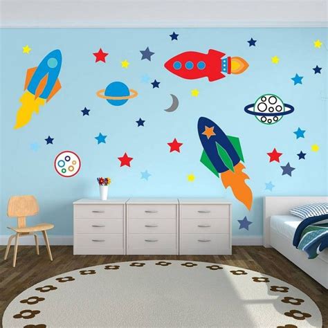 Blue Wall With Some Interesting Picture Combined With Wooden Floor Boys Room Wall Decor With ...