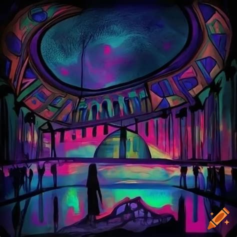 Dark abstract artwork of a psychedelic-toned dirigible named 'pax' on a bridge in macaiba city ...