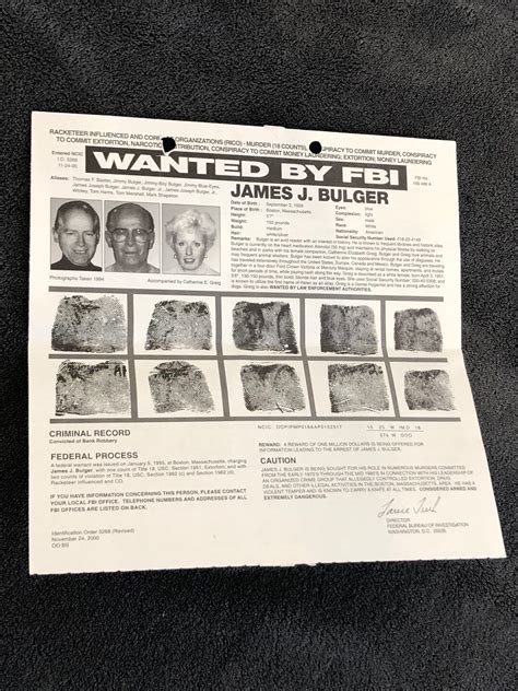 Genuine James whitey Bulger Wanted FBI Poster - Etsy